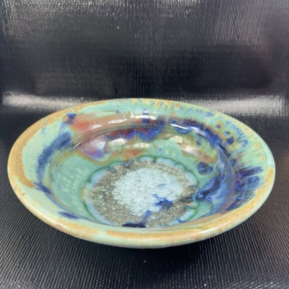 1980s Hand Made Pottery Dish Bowl Large Crystalline Glaze 8inch Recycle Center - Picture 13 of 14